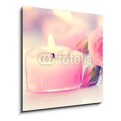 Skleněný obraz 1D - 50 x 50 cm - Valentine&apos;s Day. Pink heart shaped candles and rose flowers Valentýn. Svíčky ve tvaru růžového srdce a růžové květy – Hledejceny.cz