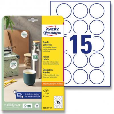 Avery Zweckform 6225REV-10 nepermanentní kulaté etikety průměr 51 mm 150 etiket bílá – Zboží Mobilmania