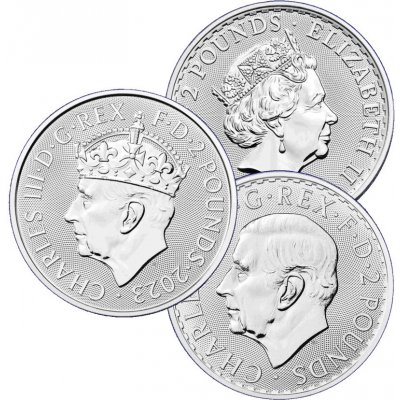 British Royal Mint Sada 3 stříbrných mincí Britannia 1 oz Elizabeth II., Charles III. a Korunovace 2023