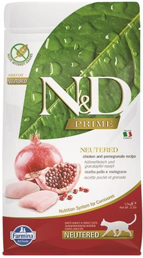 N&D PRIME CAT Neutered Chicken&Pomegranate pro kastrované kuře a granátové jablko 1,5 kg