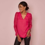 Halenka s krajkovými rukávy a stuhou na zádech malinová – Zboží Dáma