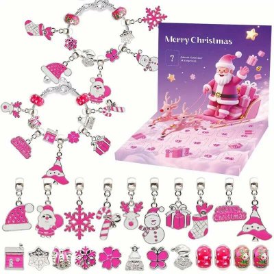 Abatoni Vánoční Adventní kalendář se 2 náramky a 22 přívěsky - barva stříbrná a růžová (sada pro výrobu náramků) – Sleviste.cz
