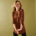 Blancheporte krepová halenka s tuniským výstřihem a grafickým potiskem oříšková/černá – Zbozi.Blesk.cz