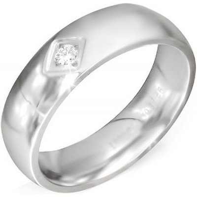 Šperky eshop lesklý stříbrný ocelový prsten se čtvercovým zářezem a čirým zirkonem BB6.1