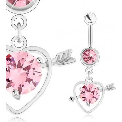 Šperky eshop piercing do pupíku ocel obrys srdce se šípem růžový zirkon SP23.19