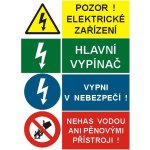 Pozor!Elektrické zařízení / Hlavní vypínač / Vypni v nebezpečí! | Samolepka, A6