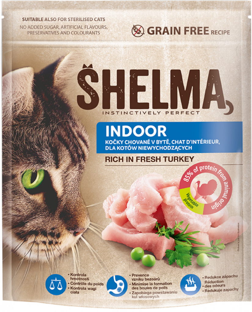 Shelma bezobilné INDOOR granule s čerstvým krůtím pro dospělé kočky 750 g
