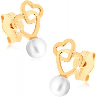Šperky eshop zlaté náušnice dva propojené obrysy srdcí kulatá bílá perlička GG72.02