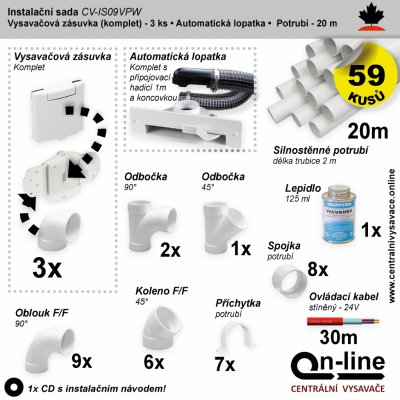 Instalační komplet centrálního vysávání - zásuvka (3 ks), podlahová štěrbina (1 ks), potrubí (20 m), potrubní díly (59 dílů). Určeno pro centrální vysavače a centrální vysávání. – Zboží Mobilmania