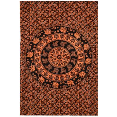 Sanu Babu přehoz na postel s tiskem Mandaly sloni a pávi oranžovo-černý 130 x 210 cm – Zboží Dáma