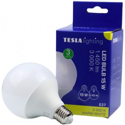 Tesla LED žárovka GLOBE E27, 15W, 230V, 1450lm, 25 000 hod, 3000K teplá bílá, 270st