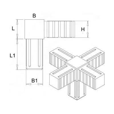 Plastová spojka - 5-nohý kus vhodný do profilu veľkosti 25x25x2 mm