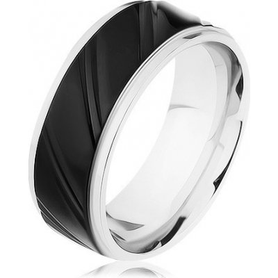 Šperky eshop ocelový prsten stříbrné s černým pásem šikmé zářezy HH9.17 – Zboží Mobilmania