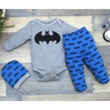 3-dílná bavlněná kojenecká souprava body polodupačky a čepička Batman Modrá