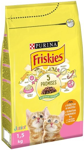 Friskies Junior s lahodnou kombinací kuřete a krůty s mlékem a se zeleninou 1,5 kg