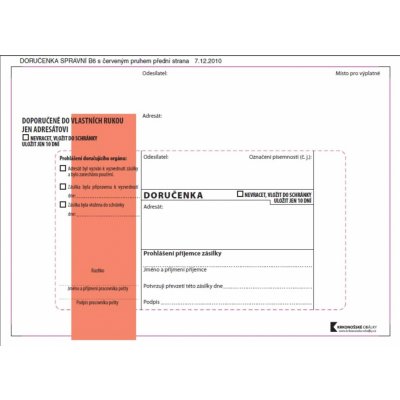 Doručenky b6 - červený pruh, pro správní řízení, samolepicí, 100 ks