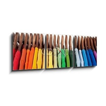 Obraz s hodinami 3D třídílný - 150 x 50 cm - Rainbow colors, clothes on wooden hangers Duhové barvy, oblečení na dřevěných věšácích