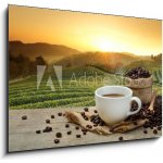 Skleněný obraz 1D - 100 x 70 cm - Hot Coffee cup with Coffee beans on the wooden table and the pla Horký šálek kávy s kávová zrna na dřevěný stůl a pla – Hledejceny.cz