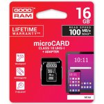 GOODRAM microSDHC 16GB + adaptér / Class 10 / UHS-I U1 / R: 100 MBs / W:10 MBs (M1AA-0160R12)