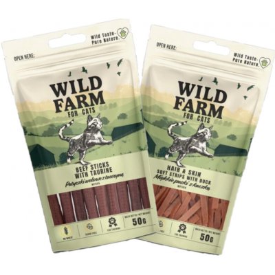 WILD FARM hovězí tyčinky s taurinem 50 g a Wild Farm hair&skin měkké proužky z kachny 50 g – Hledejceny.cz