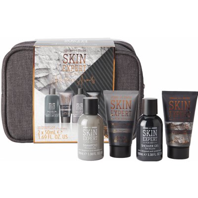 Sunkissed Travel Bag Skin Expert Men sprchový gel 100 ml + šampon na vlasy 100 ml + peeling na obličej 50 ml + tělové mléko 50 ml + kosmetická taštička dárková sada – Zbozi.Blesk.cz