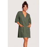 B233 Tunic dress with V-neck and front pockets khaki – Sleviste.cz