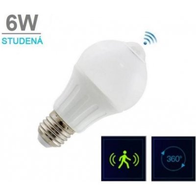 LED21 LED žárovka A60 s PIR čidlem 6W 14xSMD5630 580lm E27 Studená bílá – Sleviste.cz