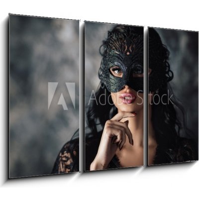 Obraz 3D třídílný - 105 x 70 cm - portrait of sexy beautiful woman in lace black erotic lingerie and carnival mask on dark background portrét sexy krásná žena v krajkové