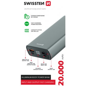 Swissten Aluminum 20000 mAh 20W Power Delivery šedá