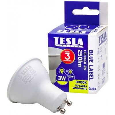 Tesla LED žárovka GU10, 3W, 230V, 250lm, 25 000h, 3000K teplá bílá, 100°