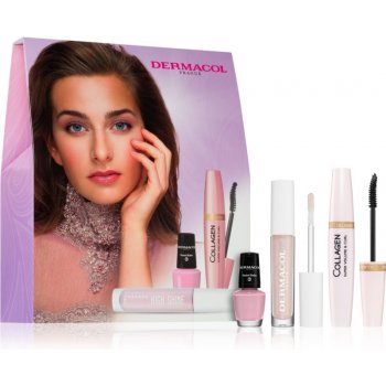 Dermacol Collagen řasenka pro objem a natočení řas s kolagenem 12 ml + 02 Pastel Babe lak na nehty 5 ml + No.01 zářivý lesk na rty s aloe vera 4 ml