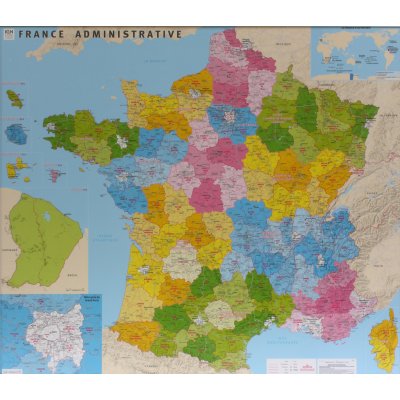 IGN Francie - nástěnná administrativní mapa 98 x 113 cm Varianta: bez rámu v tubusu, Provedení: laminovaná mapa v lištách