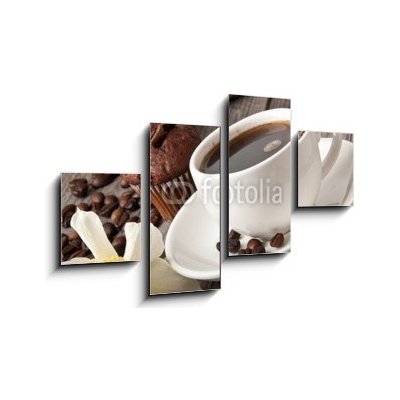 Obraz 4D čtyřdílný - 100 x 60 cm - cup of coffee and chocolate cake šálek kávy a čokoládového dortu – Zboží Mobilmania