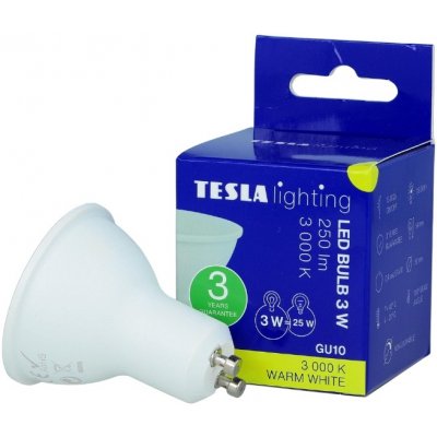 Tesla LED žárovka GU10, 3W, 230V, 250lm, 25 000h, 3000K teplá bílá, 100st – Hledejceny.cz