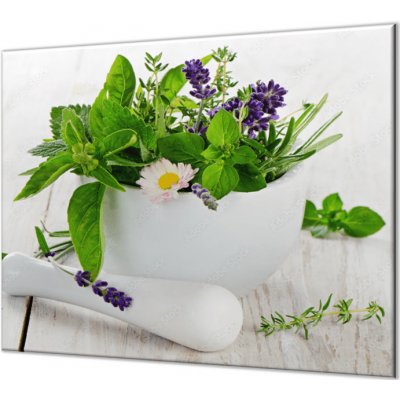 Glasdekor Ochranná deska bylinky v bílém hmoždíři - Ochranná deska: 50x50cm, Lepení na zeď: S lepením na zeď – Zboží Mobilmania
