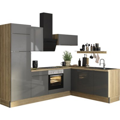 Optifit Linus984 Rohová kuchyňská linka 270 cm barva čela antracit lesklá barva korpusu divoký dub – Zboží Dáma