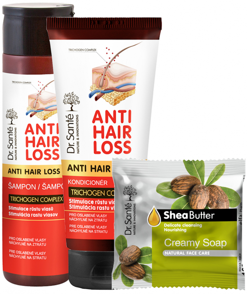 Dr. Santé Anti Hair Loss šampon pro podporu růstu vlasů 250 ml + kondicionér pro podporu růstu vlasů a proti jejich vypadávání 200 ml + čisticí tuhé mýdlo na obličej 100 g dárková 