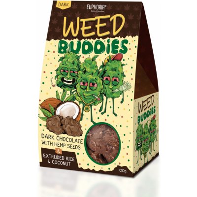 Euphoria Weed Buddies Hořká čokoláda s konopnými semínky, rýžovými kuličkami a kokosem 100 g