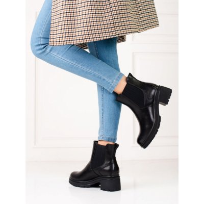 Jedinečné dámské kotníčkové boty na širokém podpatku černé