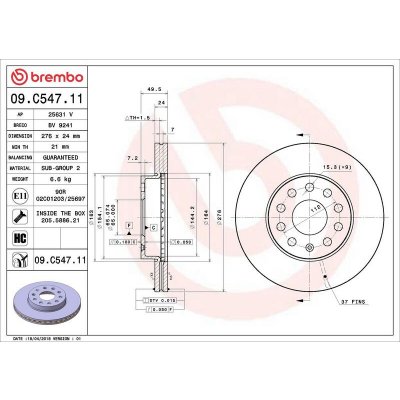 Brzdový kotouč BREMBO 09.C547.11 - AUDI, SEAT, ŠKODA, VW | Zboží Auto