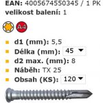 SCH CABRI terasový šroub nerez A4 úprava Ruspert stříbrná bimetal. vrtný hrot - baleníí 100ks !! Varianta: CABRI teras. šroub 5,5x 45 ušl. ocel A4 úpr. Ruspert stříbr. bimetal. vrtný hrot – Sleviste.cz