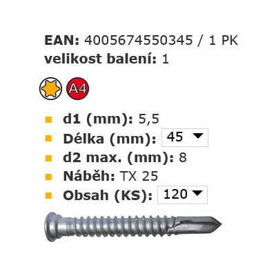 SCH CABRI terasový šroub nerez A4 úprava Ruspert stříbrná bimetal. vrtný hrot - baleníí 100ks !! Varianta: CABRI teras. šroub 5,5x 45 ušl. ocel A4 úpr. Ruspert stříbr. bimetal. vrtný hrot – Sleviste.cz
