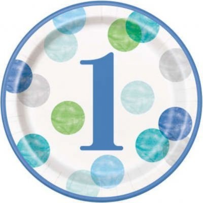 UNIQUE Talíře 1. narozeniny modré s puntíky 22 cm