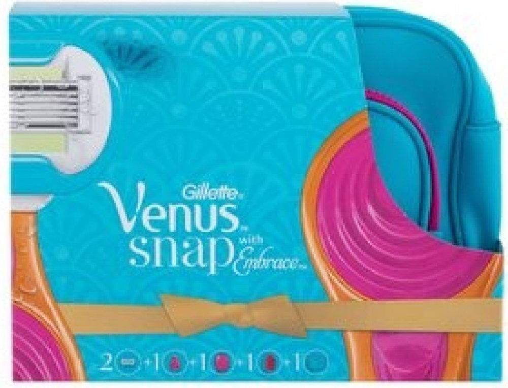 Gillette Venus Snap With Embrace holicí strojek 1 ks + náhradní hlavice 2  ks + pouzdro 1 ks + hřeben na vlasy 1 ks + kosmetická taštička dárková sada  | Srovnanicen.cz