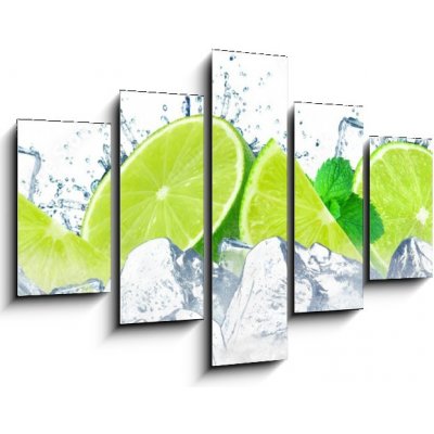 Obraz 5D pětidílný - 150 x 100 cm - lime water splash and ice cubes isolated on the white stříkající voda z vápna a kostky ledu izolované na bílém – Zbozi.Blesk.cz