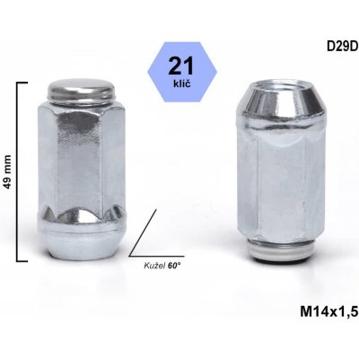 Kolová matice M14x1,5 kužel, prodloužená , klíč 21, D29D ; výška 49 | Zboží Auto
