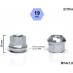 Kolová matice M14x1,5 koule R14 otevřená, D17R14, klíč 19, výška 20 mm