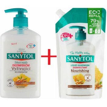 Sanytol Vyživující Mandlové mléko & Mateří kašička dezinfekční mýdlo 250 ml dávkovač + náhradní náplň 500 ml, duopack