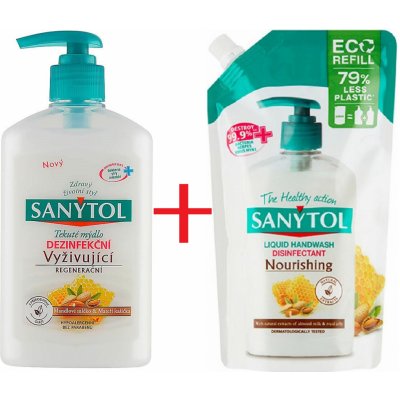 Sanytol Vyživující Mandlové mléko & Mateří kašička dezinfekční mýdlo 250 ml dávkovač + náhradní náplň 500 ml, duopack