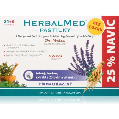 Dr.Weiss HerbalMed pastilky Šalvěj + ženšen s vitaminem C BEZ CUKRU pastilky pro podporu zdraví dýchacích cest 30 tablet – Zbozi.Blesk.cz